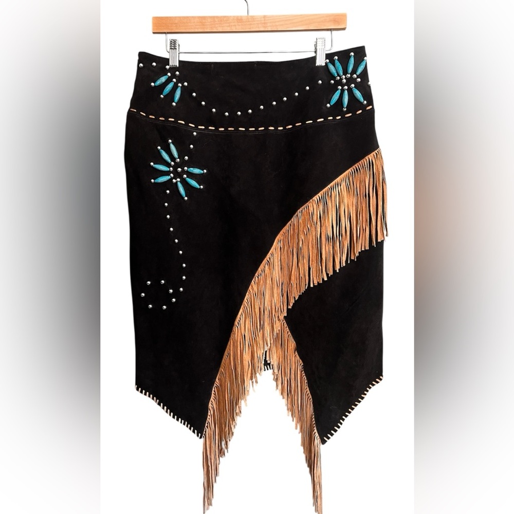 Vintage Black Suede Fringe Skirt with Beaded Accents- Festival- Western- BoHo